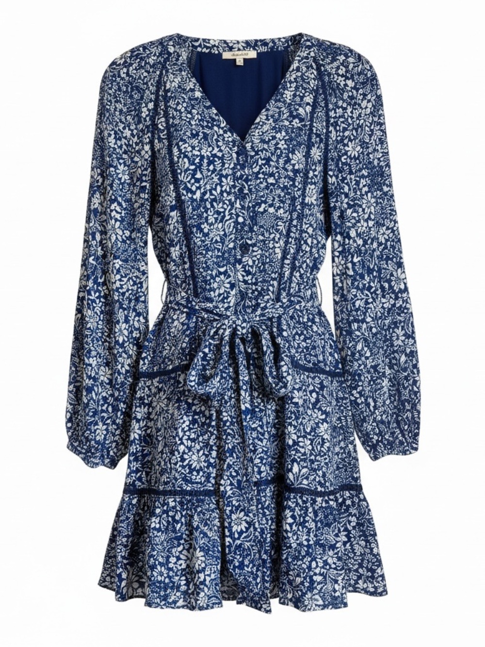 Madewell Blue and White Floral Long-Sleeve Tie-Waist Spring Wedding Guest Dress